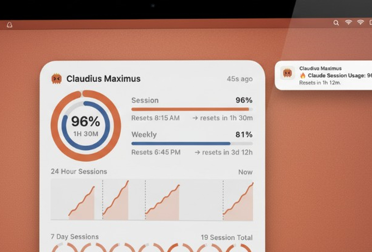 Claudius Maximus on Mac — session and weekly meters with a live usage alert