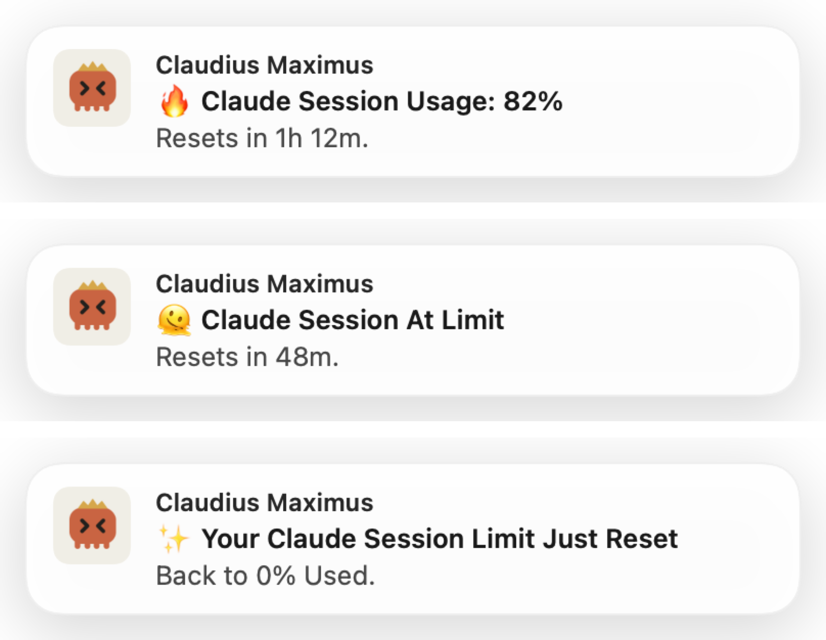 Claudius Maximus notifications: threshold, at limit, and reset