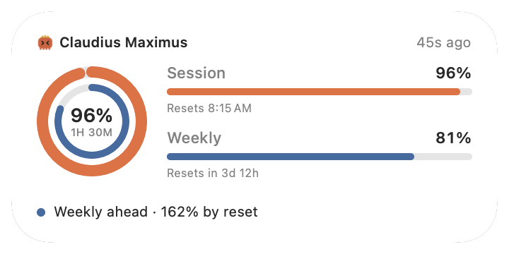 Claudius Maximus medium widget tracking Claude session and weekly usage on Mac